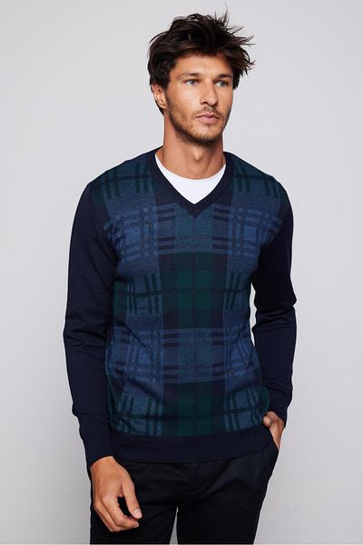 Tudors Pulover pentru bărbați, albastru bleumarin, slim fit, cu decolteu în V