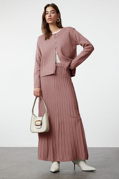 Trendyol Modest Dried Rose Knitwear Cardigan and Skirt Set - Buttoned, Tctaw24us00043