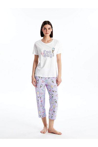 LC Waikiki Lcw Young Dark Lilac - Crew Neck Printed Short Sleeve Women's Pajamas Set
