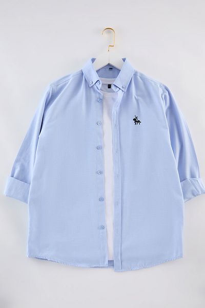 Trendyol Collection Kék, normál szabású hímzés, részletes Oxford Easy-Iron intelligens ing TMNAW25GO00036
