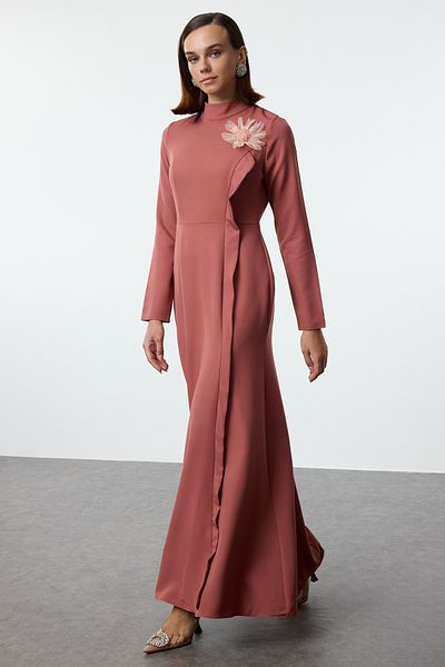 Trendyol Modest Woven Fabric Dried Rose Flower Applique Evening Dress - Tctaw25db00001