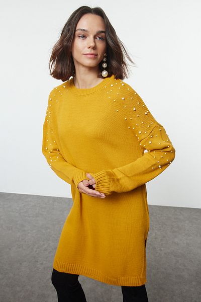 Trendyol Modest Mustard Knitwear Sweater with Pearl and Stone Detail - TCTAW25AK00024