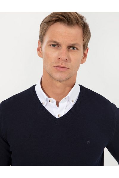 Pierre Cardin V-Neck Slim Fit Navy Blue Knitwear Sweater - 50257206 -Vr033