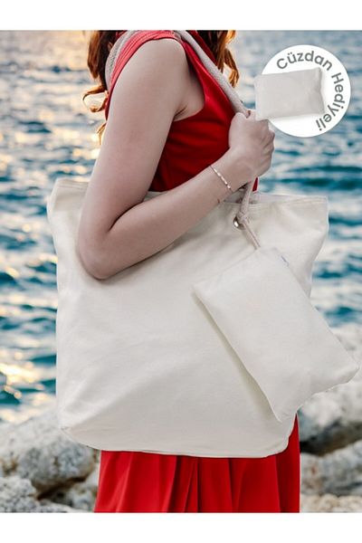 FAVORA Women's Beach Bag - With Wallet Gift, Cream