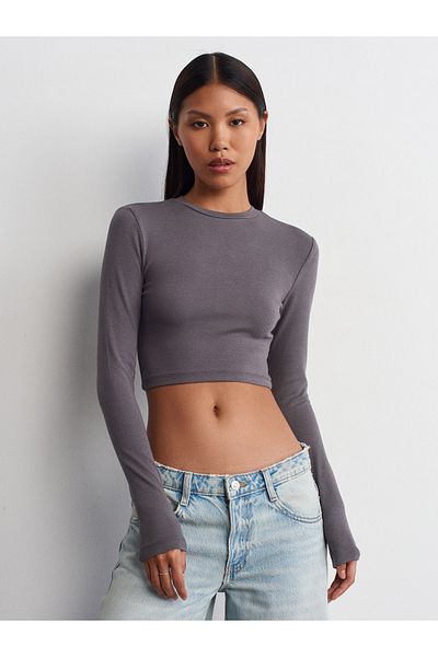 Dilvin 31236 Crop Top cu mânecă lungă afumată