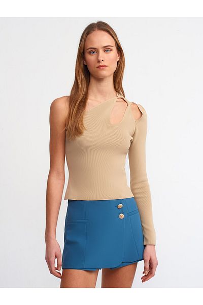 Dilvin 10328 Offener, einärmliger Pullover mit rechter Schulter – Beige