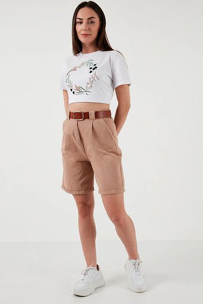 Fashion Friends Pantaloni scurți din bumbac gabardină cu talie înaltă - Camel