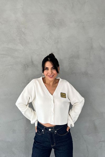 Seda Yalçın Atelier Tricotaj Crop Ecru Cardigan - Imprimat și Nasturi