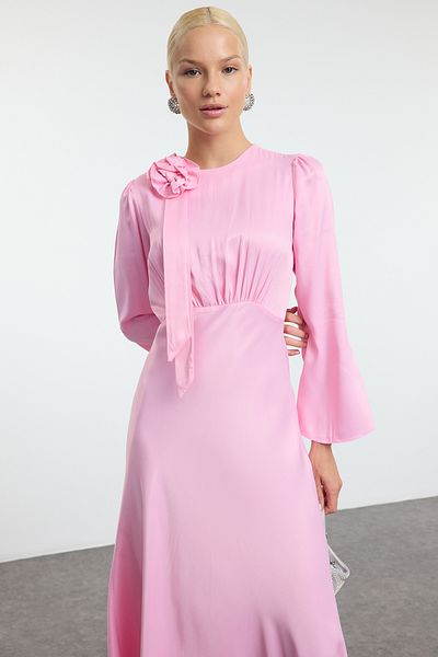 Trendyol Modest Pink Rose Detailed Satin Evening Dress for Special Occasions - Tctss24Db00043