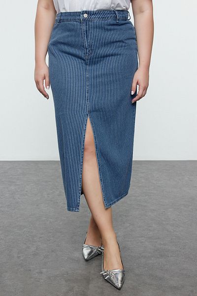 Trendyol Curve Fusta lungă din denim cu dungi albastre TBBAW25AZ00022