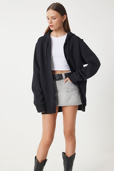 Happiness İstanbul Čierna oversize mikina s kapucňou - na zips, Vn00015