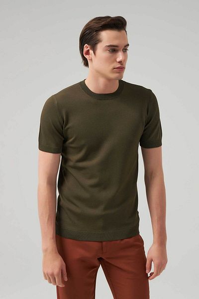 Twn Tricou kaki Slim Fit din tricotaje din raion