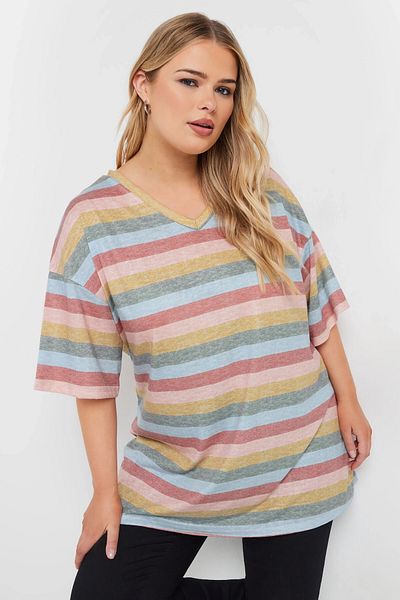 Stil Diva Large Size V-Neck Short Sleeve Striped T-Shirt 303524