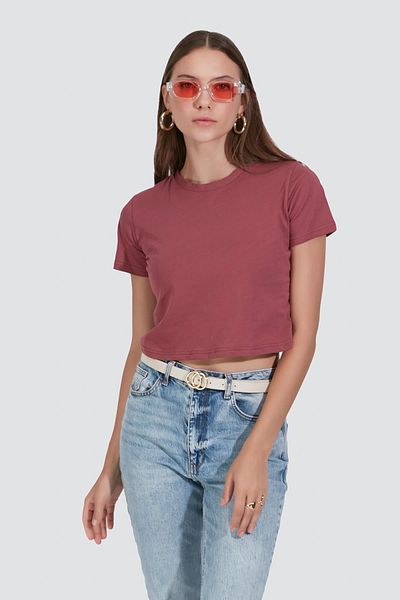 C&City 956 Model Dried Rose 2-Piece Crop T-Shirt - Crew Neck, Short Sleeve