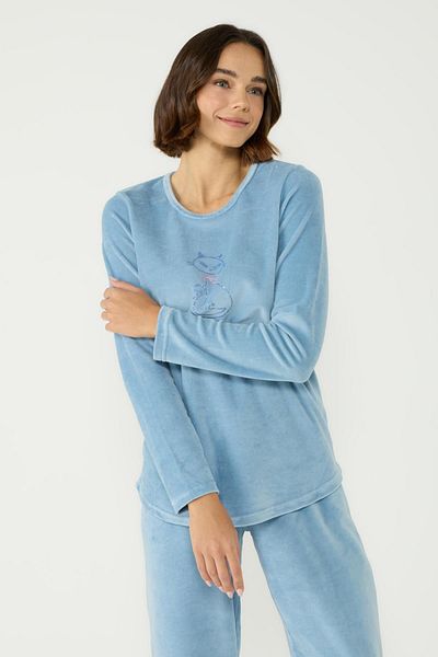 C&City Blue Velvet Crew Neck Long Sleeve Pajama Set - with Pockets, 403091