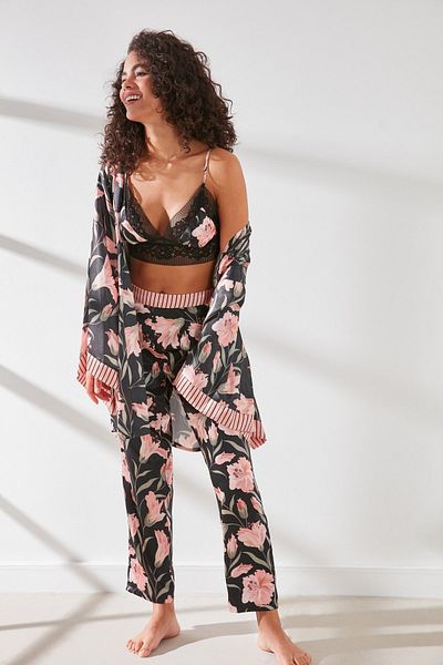 C&City 3-teiliges Satin-Pyjama-Set – Bralet, Morgenmantel, Hose 9064 Lachs/Schwarz