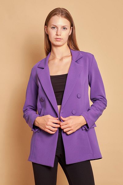 Jument Women's Button Detailed Long Sleeve Stylish Office Ornamental Pocket Flap Fabric Blazer Jacket - magenta