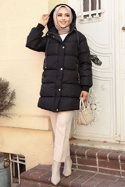 Neva Style Hooded Black Hijab Puffer Jacket 80191S
