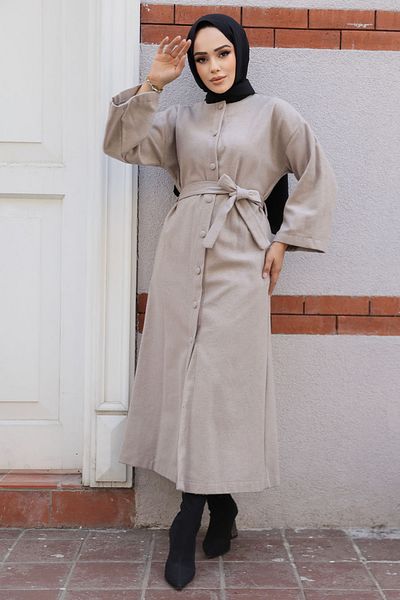 Neva Style Beige Stamped Hijab Coat - Belted, Model 61302Beige