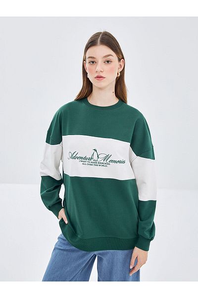 LC Waikiki Lcw Modest Green Crew Neck Embroidered Women's Sweatshirt Tunic