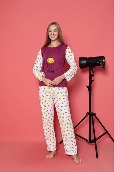 Sude HOMEWEAR Women's Burgundy Patterned Two Thread Long Sleeve Pajama Set