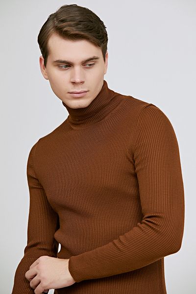 Twn Slim Fit Findik Brown Rib Knit Half Fisherman Pulover