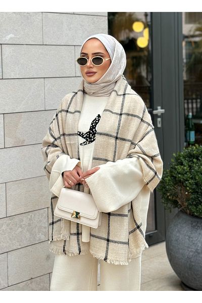 Stella Eşarp شال كتف شتوي نسائي مخطط باللون الأسود فوق اللون البيج