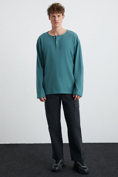 GRIMELANGE Lorenzo Men's Special Rustic Textured 100% Organic Cotton Button Detailed Regular Green Sweatshirt