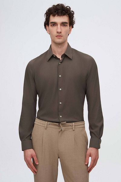 Twn Cămașă de călătorie simplă slim fit kaki