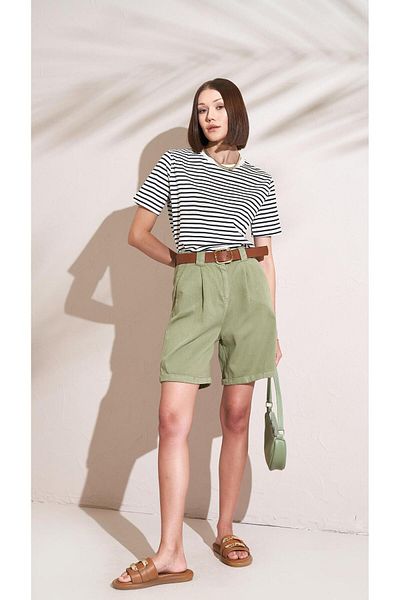 TENA Pantaloni scurți de damă din Gabardine kaki cu centură cu talie înaltă