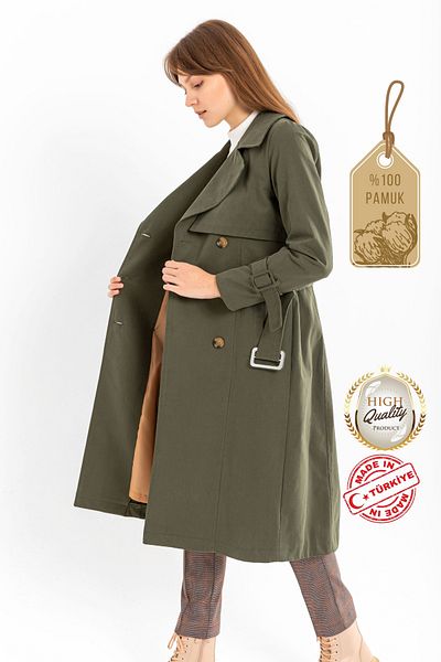 PASTELASTORE Trench pentru femei, 100% bumbac, lung (110 cm), cu brâu, 1111