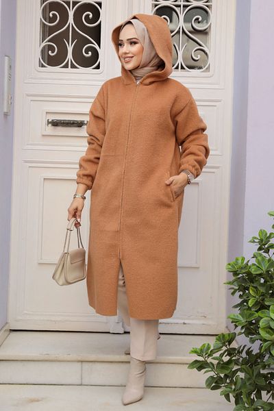 Neva Style Belted Camel Cashmere Hijab Coat 72151C