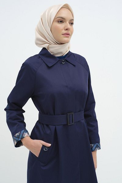Tuğba Indigo Colored Raglan Double Sleeve Belted Trench Coat
