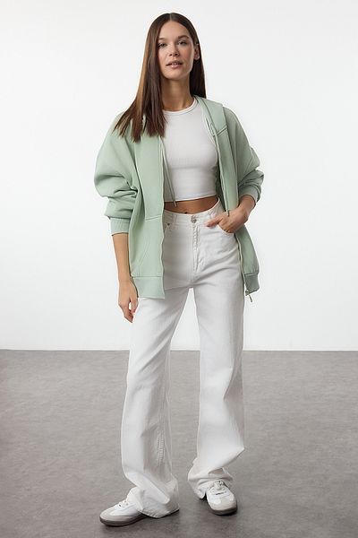 Trendyol Collection Menta színű, laza szabású, cipzáras polár pulóver - TWOAW24SW00188