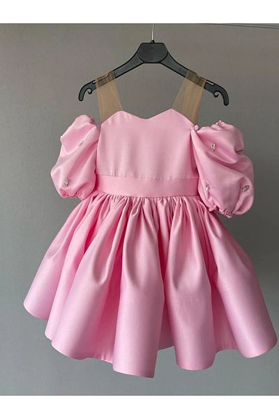 MUSGEM Rochie de seară pentru fetiță, cu mânecă cu balon, cu bretele din tul roz, cu design special