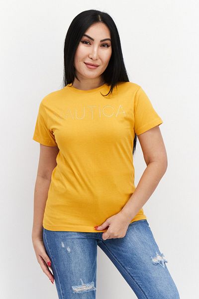 Nautica تي شيرت نسائي برقبة دائرية وأكمام قصيرة وشعار العلامة التجارية، لون خردل