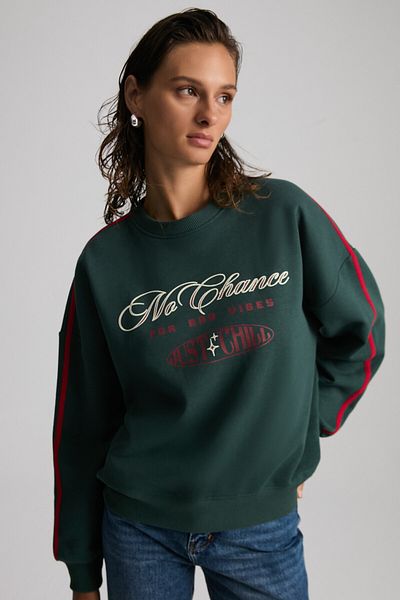 GRIMELANGE Mıreille Women's Printed 3 Thread Knitted Organic Cotton Regular Fit Green Sweatshirt