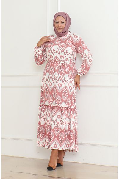 sefamerve Sukienka Epic Patterned Crepe Flounce 46-56 Rozmiar 4571H-02 Pudrowy