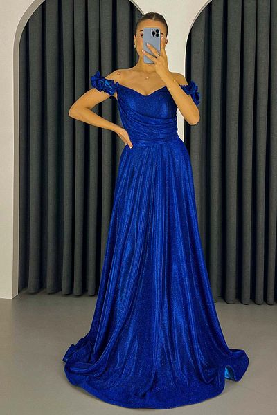 Lafaba Women's Saks Sleeves Ruffles Silvery Long Evening Dress