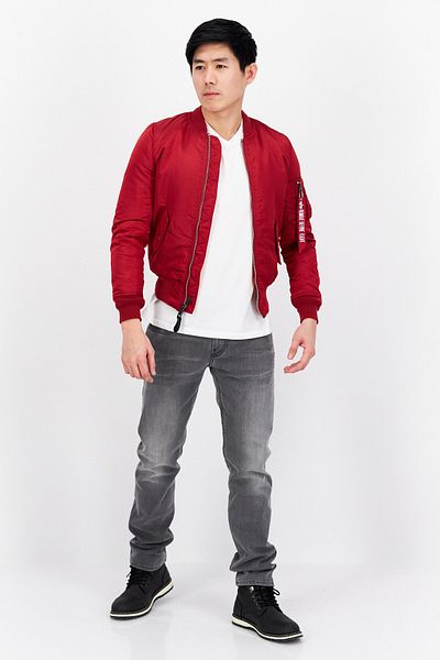 Alpha Industries جاكيت بومبر سادة للرجال، أحمر