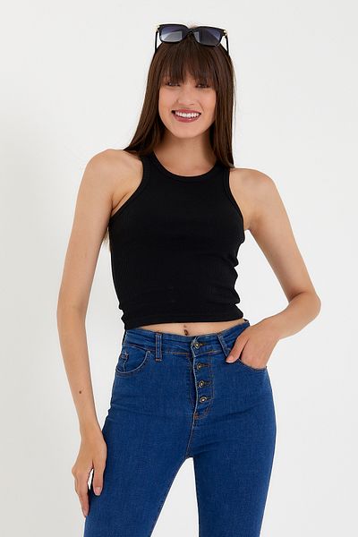 Superlife Tricou Crop tricotat pentru femei Superlife cu guler înalt pe spate Spr21y11