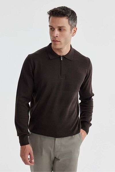 Jakamen Brown Slim Fit Cotton Patterned Zippered Polo Neck Knitwear Sweater