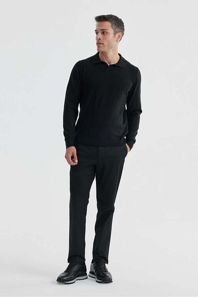 Jakamen Black Slim Fit Wool Cashmere Blended Patterned Polo Neck Sweater
