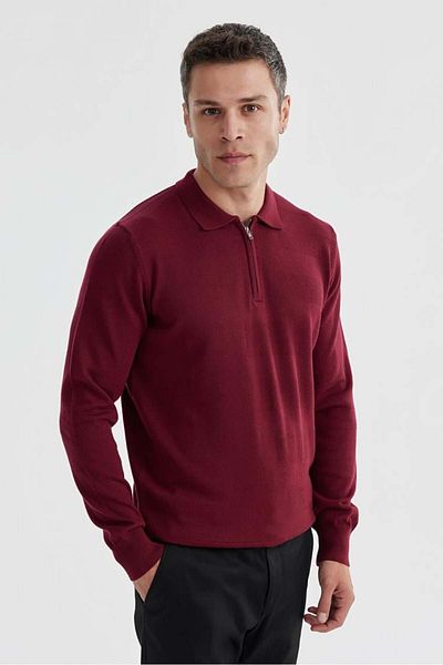 Jakamen Claret Red Slim Fit Cotton Patterned Zippered Polo Neck Knitwear Sweater