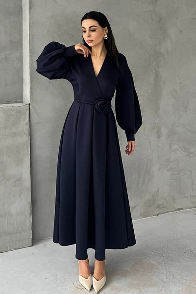 Seda Yalçın Atelier Rochie cu curea Char Rose albastru bleumarin cu accesorii