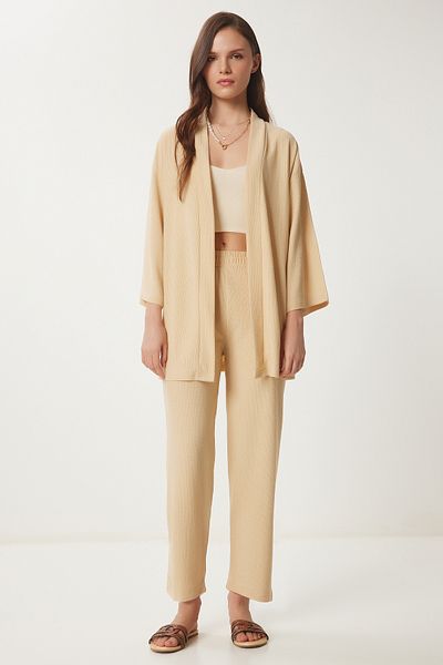 Happiness İstanbul Cremefarbenes Strickset mit Kimonohose für Damen BY00050
