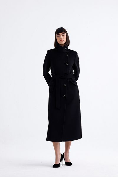 PEARL Women's Black Belted Long Stamp Coat with Stand Collar, Imported Buttons - Stylish Winter Outerwear