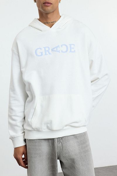 Trendyol Collection Unisex Ecru Denim Oversize Hooded Sweatshirt - with Slogan Patch Tmnaw25Sw00140
