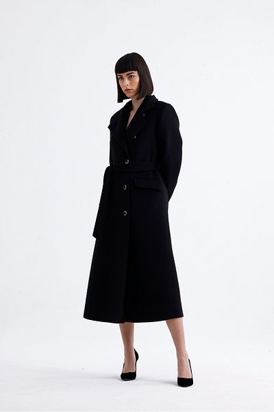 PEARL Women's Black Belted Long Stamp Coat with Stand Collar, Imported Buttons - Stylish Winter Outerwear