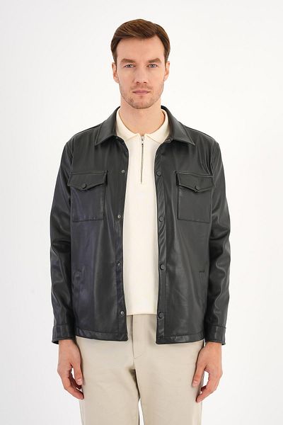 Deri Company Men's Black Leather Look Coat Shirt Jacket with Pockets - Ringe